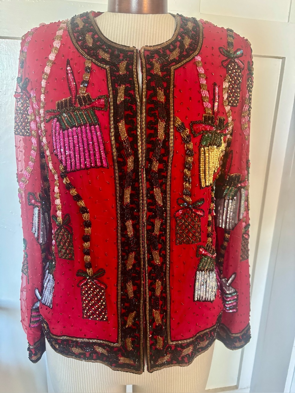 SCALA Vintage Silk Beaded Jacket Red Present Motif
L $89